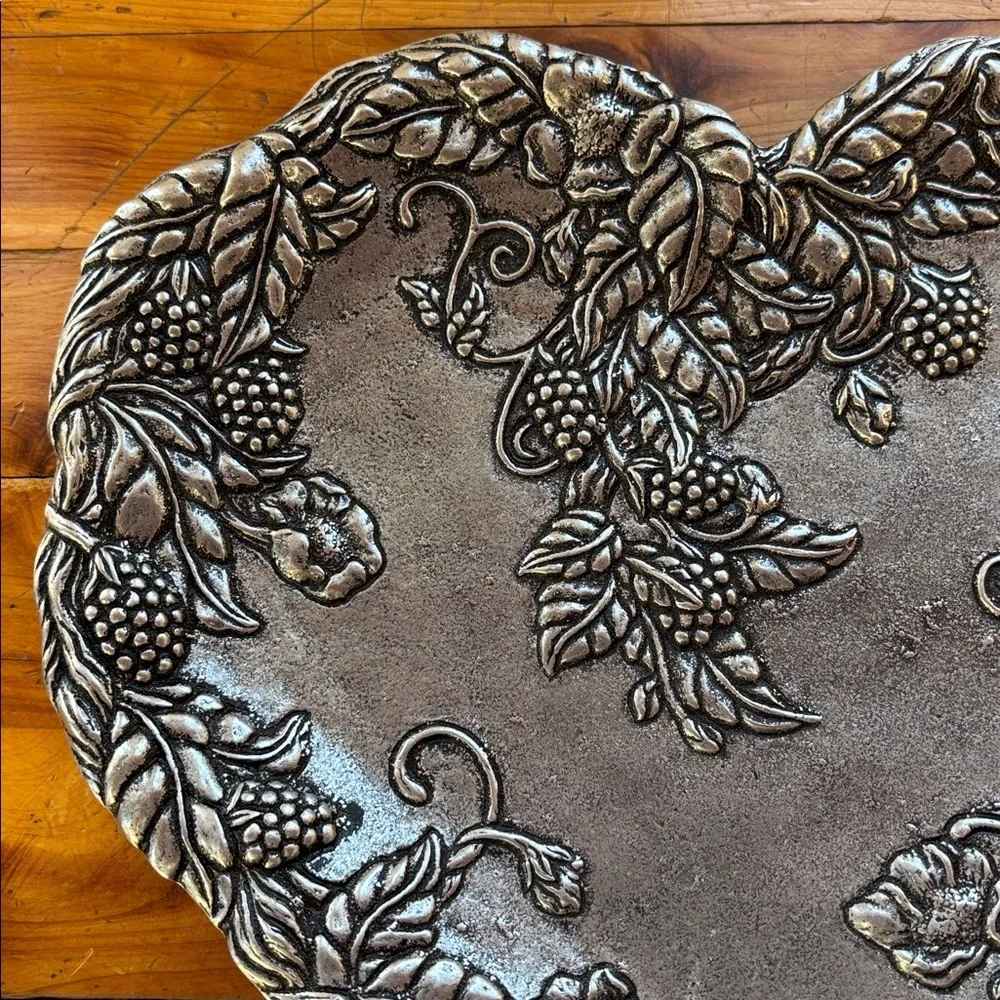 Vintage Carson Pewter Heart-Shaped Decorative Plate Berry & Vine Border Design